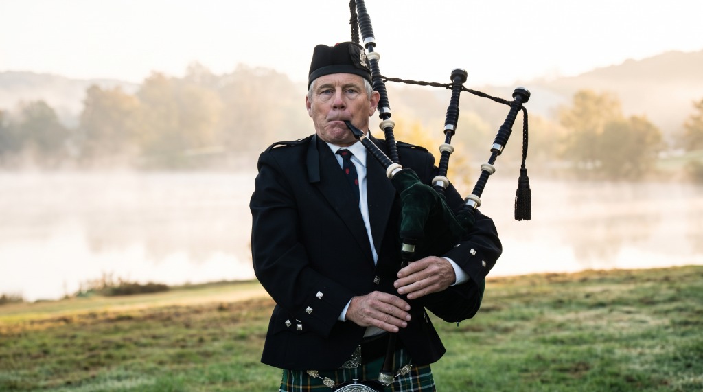 Scottish Bagpiper at dawn by the lake
