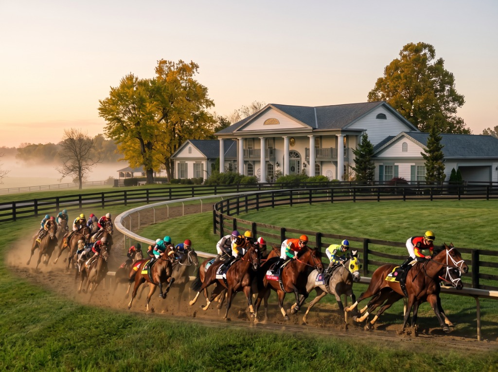 Kentucky Derby Thoroughbreds Racing Past Queenslake Mansion