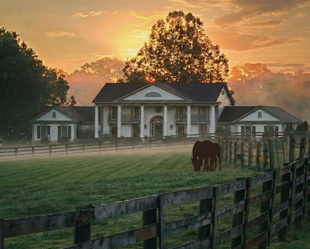 Queenslake Greek Revival Colonial Mansion at Sunset