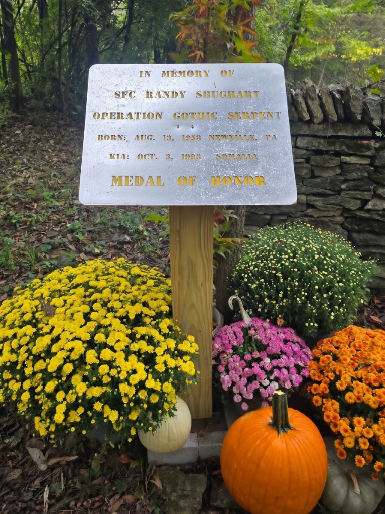 SFC Randy Shughart Medal of Honor Memorial Station with Floral Tributes