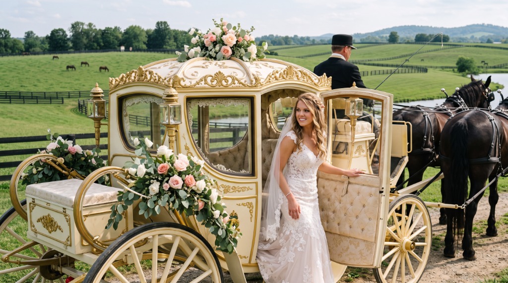 Bride and Cinderella Wedding Carriage at Queenslake